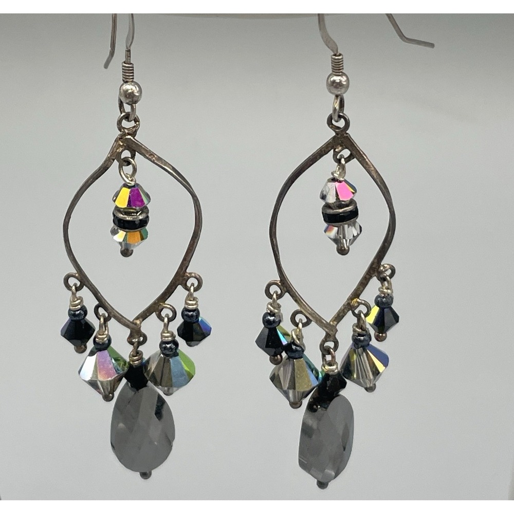 Chandelier Dangle Drop Earrings Oil Slick Iridescent Beads Boho Unique Statment